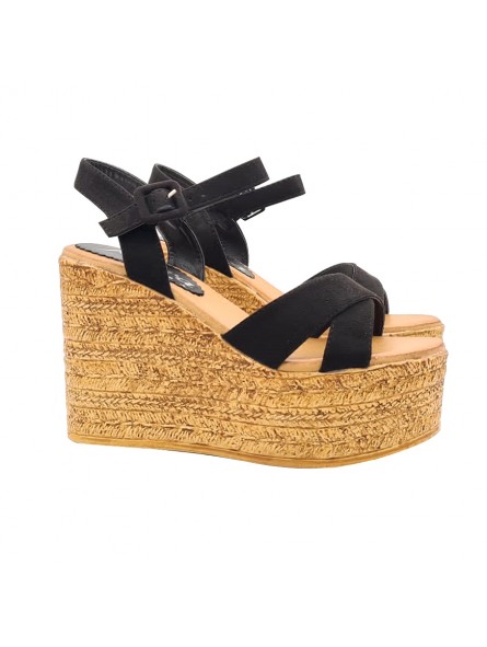 SANDALES COMPENSÉES EN DAIM NOIR