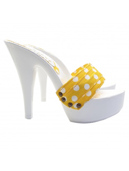 WHITE MULES WITH YELLOW POLKA DOT BAND