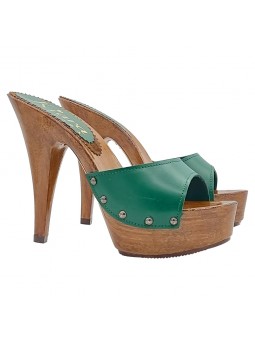 WOOD GREEN LEATHER CLOGS WITH HIGH HEEL