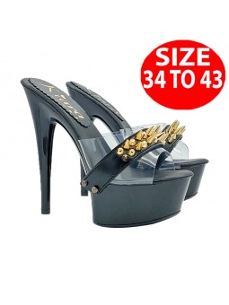 BLACK CLOGS WITH TRANSPARENT BAND AND GOLD TIPS