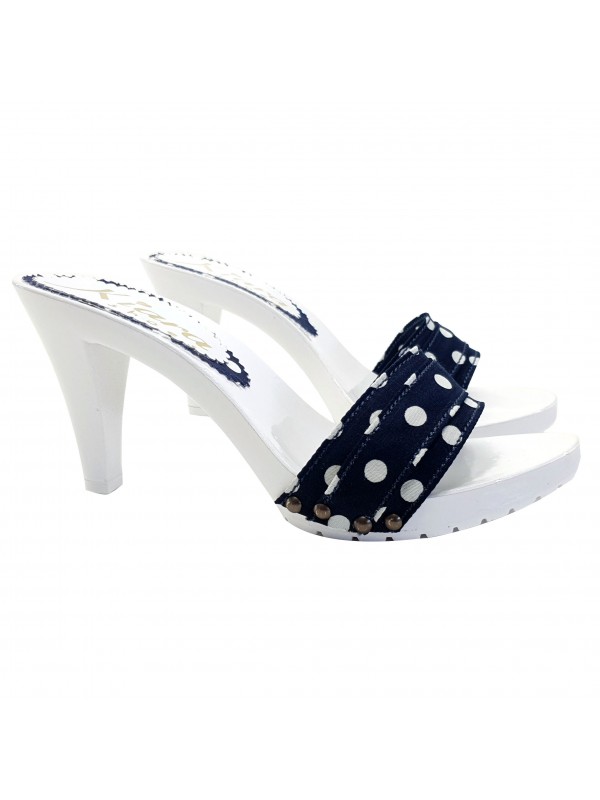 MULES BLANCHES CONFORTABLES AVEC BANDE POIS BLEUE