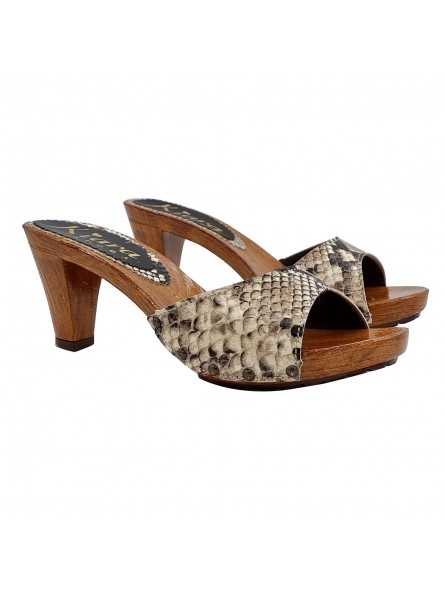 CLOGS WITH "PYTHON EFFECT" BEIGE BAND AND COMFORTABLE HEEL