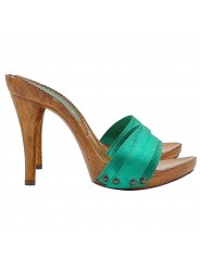 CLOGS IN GREEN SATIN WITH HIGH HEELS
