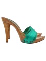 CLOGS IN GREEN SATIN WITH HIGH HEELS