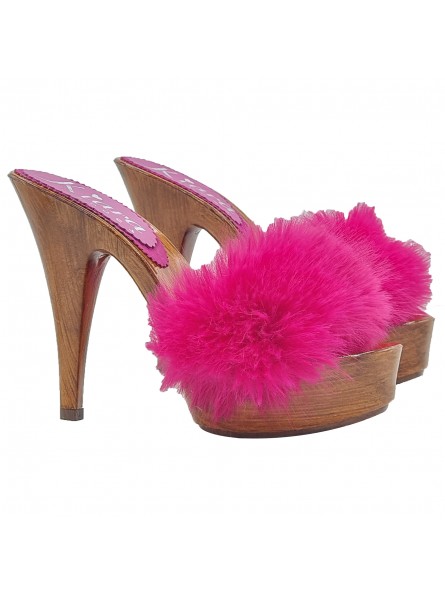 FUCHSIA CLOGS WITH SYNTHETIC FUR AND HIGH HEEL