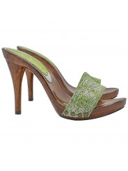 GREEN BRAIDED TWEED CLOGS WITH HIGH HEEL