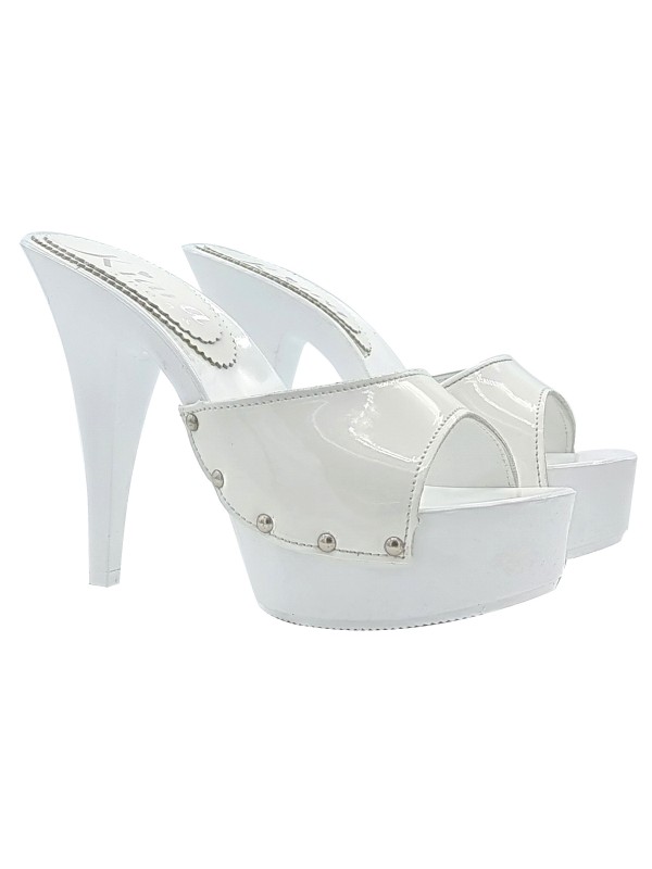 MULES VERNIS BLANC BRILLANT À TALON HAUT