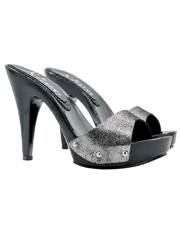 ELEGANTE SILBER BESCHICHTETE CLOGS MIT STOCKABSATZ