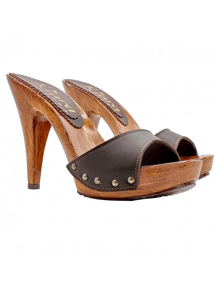 BROWN LEATHER MULES WITH HIGH HEELS