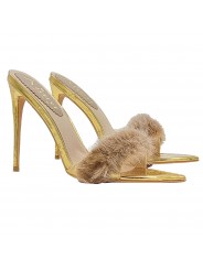 Sandales dorées pointues à talon de 12 cm et fourrure - KC14 ORO