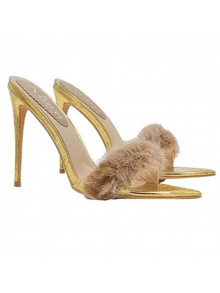 Pointed gold sandals with 12 cm heel and fur - KC14 ORO