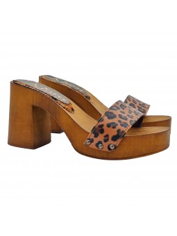 Zuecos con tira de piel genuina estampado animalier y tacón cómodo - K03203 GHEPARDO