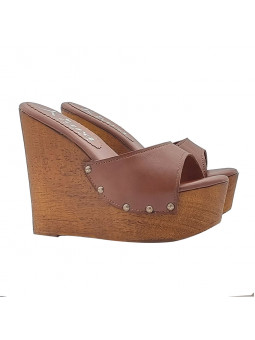 WEDGE BROWN LEATHER CLOGS